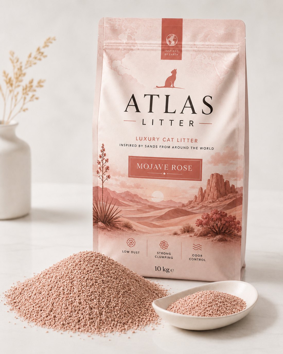 Atlas Litter Mojave Rose — blush mineral granules and packaging