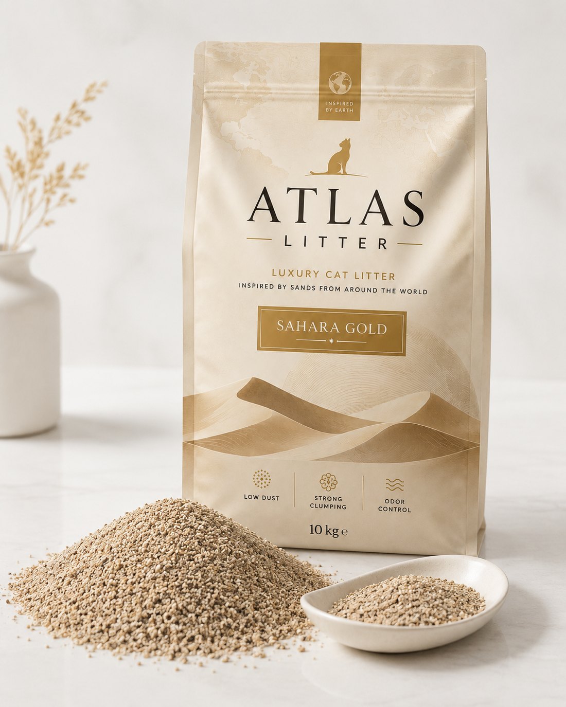 Atlas Litter Sahara Gold — golden mineral granules and packaging