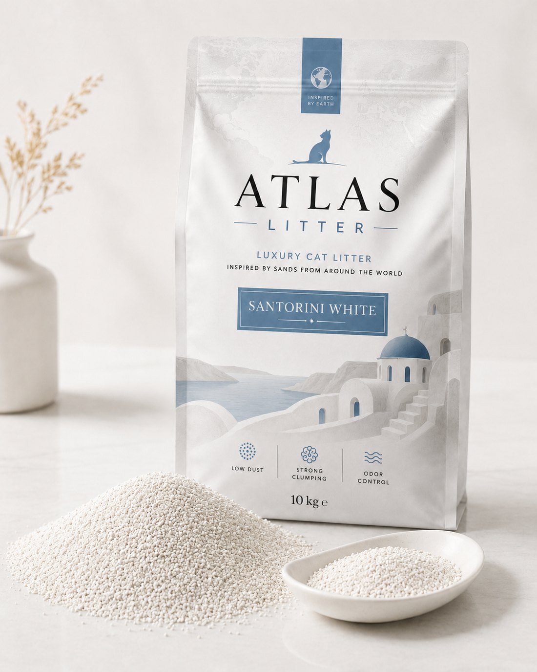 Atlas Litter Santorini White — bright white mineral granules and packaging