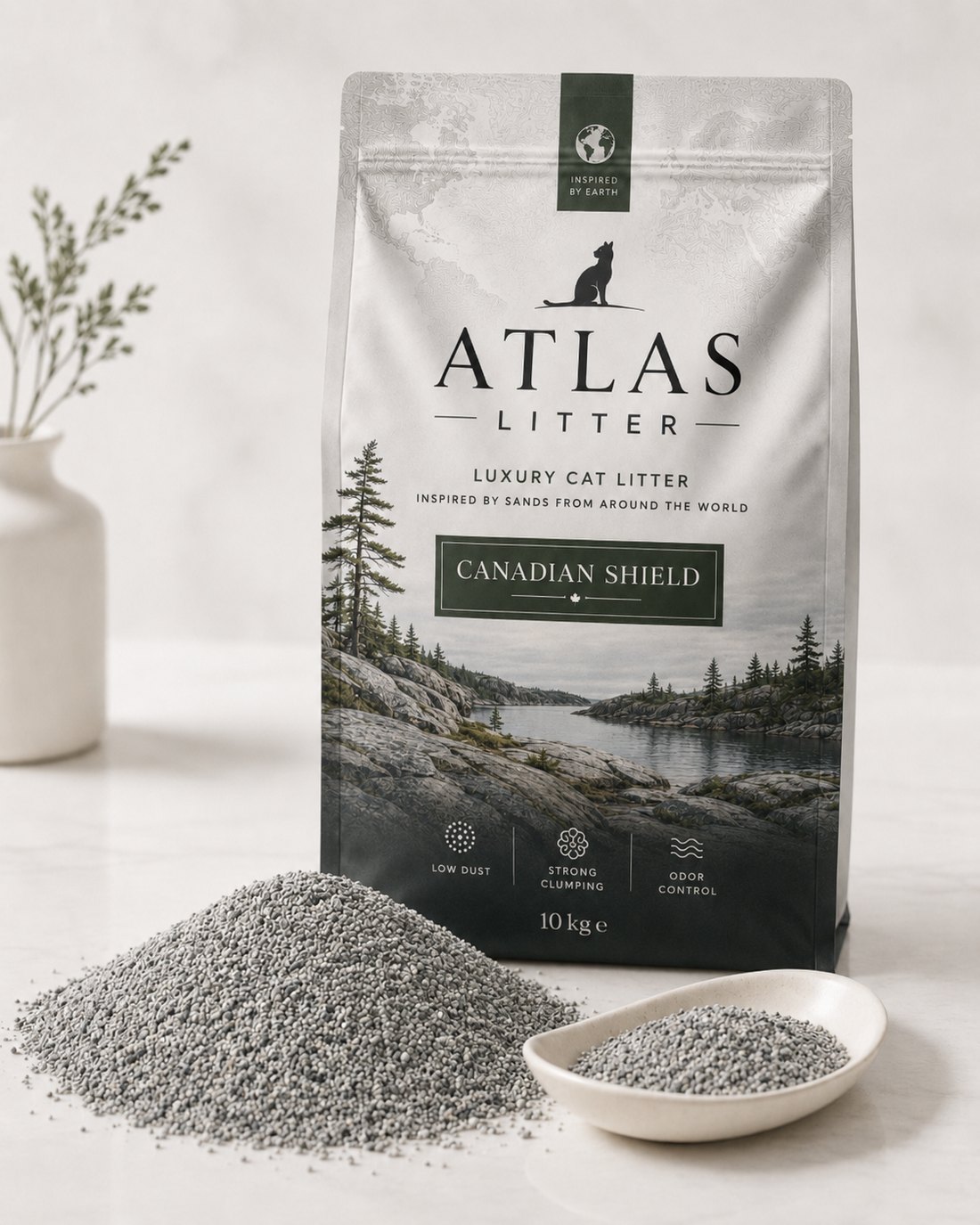 Atlas Litter Canadian Shield — grey granite mineral granules and packaging