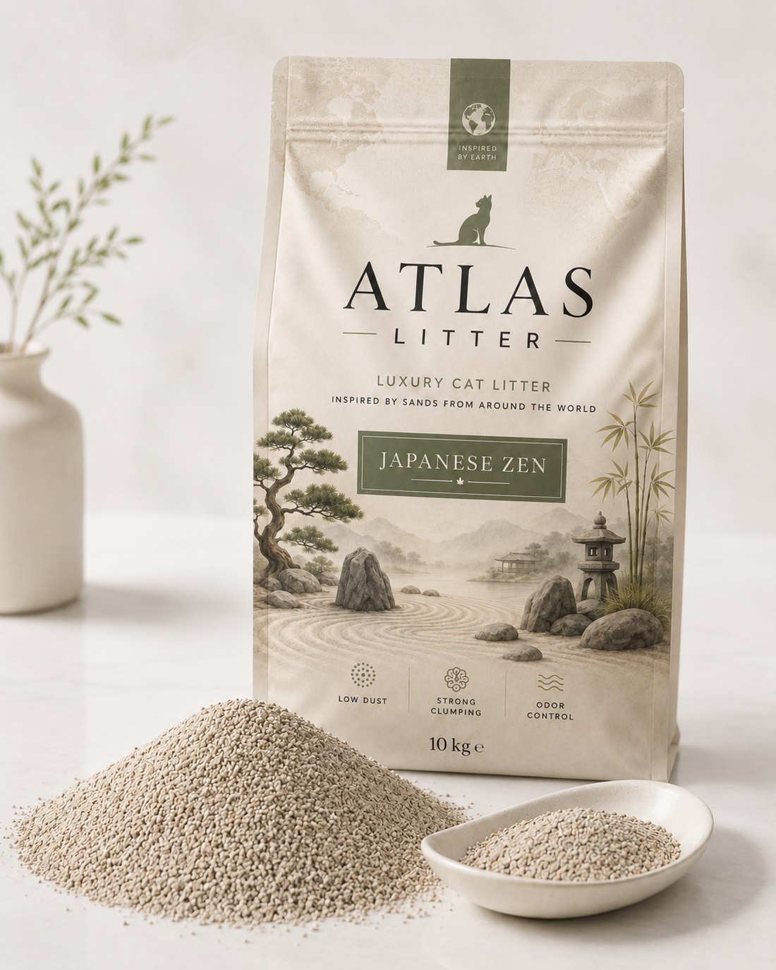 Atlas Litter Japanese Zen — soft beige mineral granules and packaging